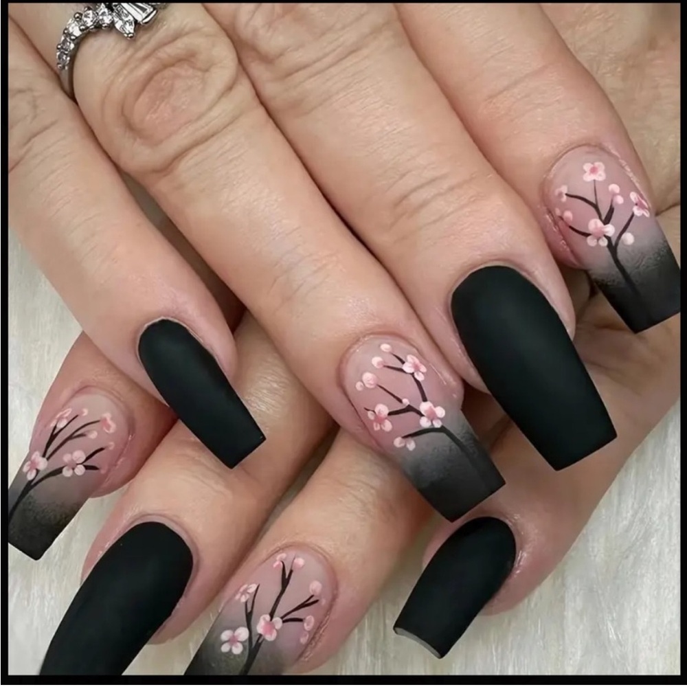 24 Piece Black and Pink Floral Press on Nails